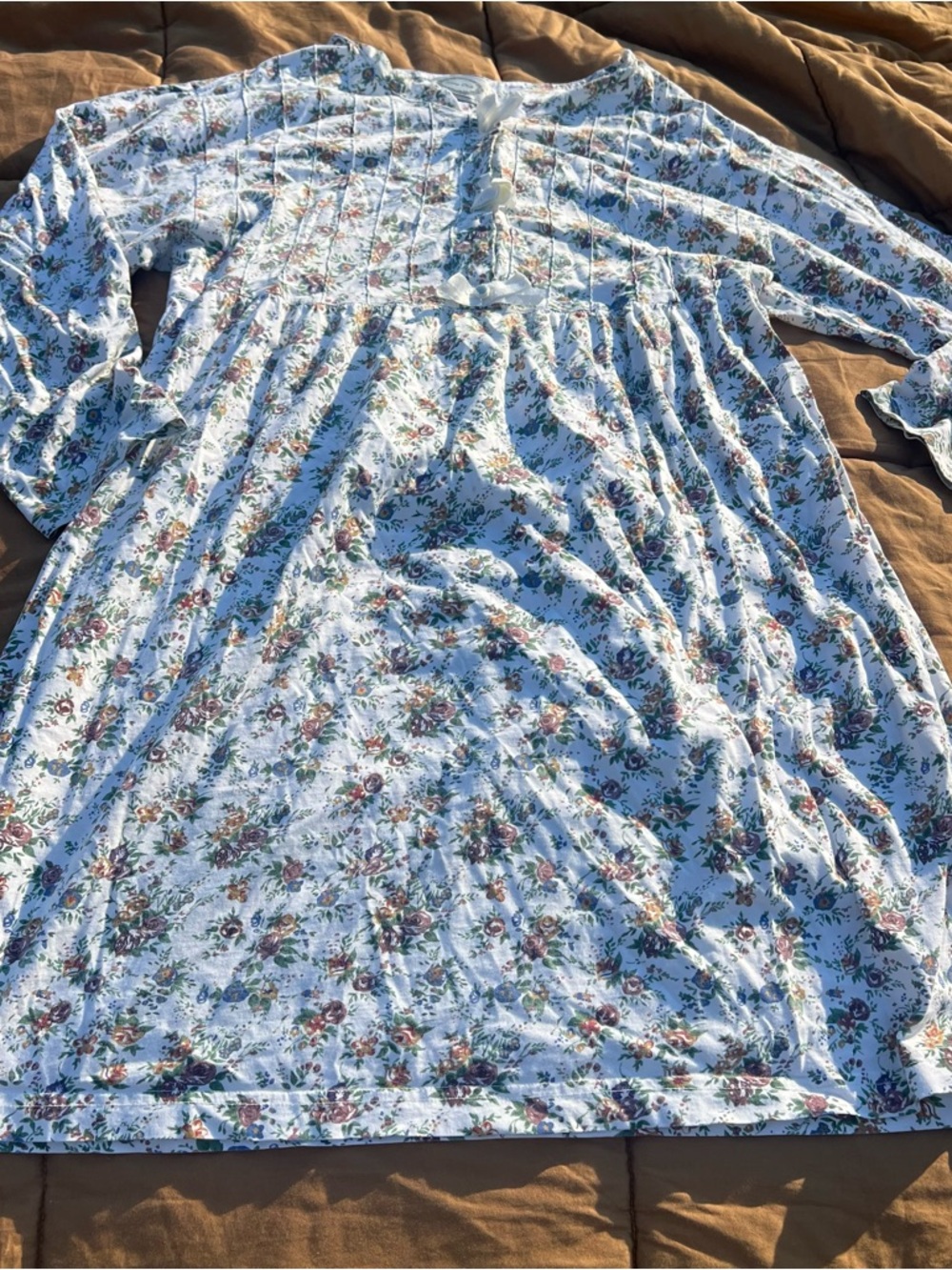 Women's Floral Long Sleeve Nightgown - White Multicolored Floral Ribbons Size L
